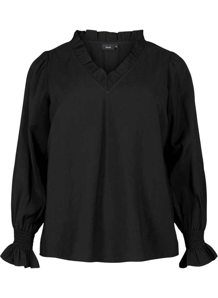Langermet viskosebluse med rynkedetaljer, Black, Packshot image number 0