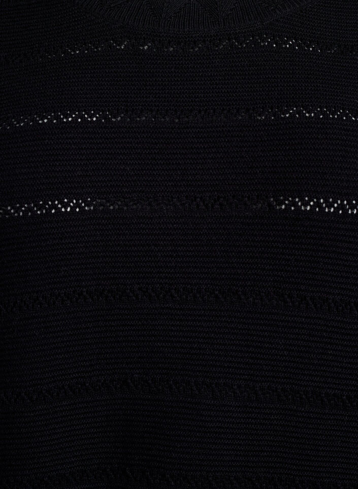 Strikket bluse med stripet hullmønster og korte ermer, Svart, Packshot image number 2