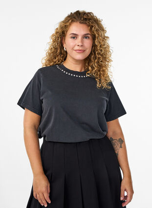 Zizzi Økologisk bomulls-T-skjorte med nagler, Grey Wash Studs, Model image number 0