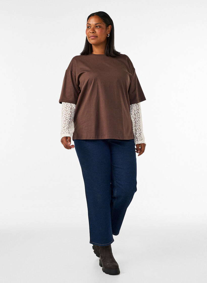 Loose fit T-skjorte med lange blondeermer, Brun, Model image number 1