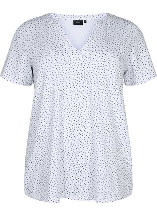 Zizzi T-skjorte i bomull med striper og v-hals, B.White/Black Dot, Packshot image number 0