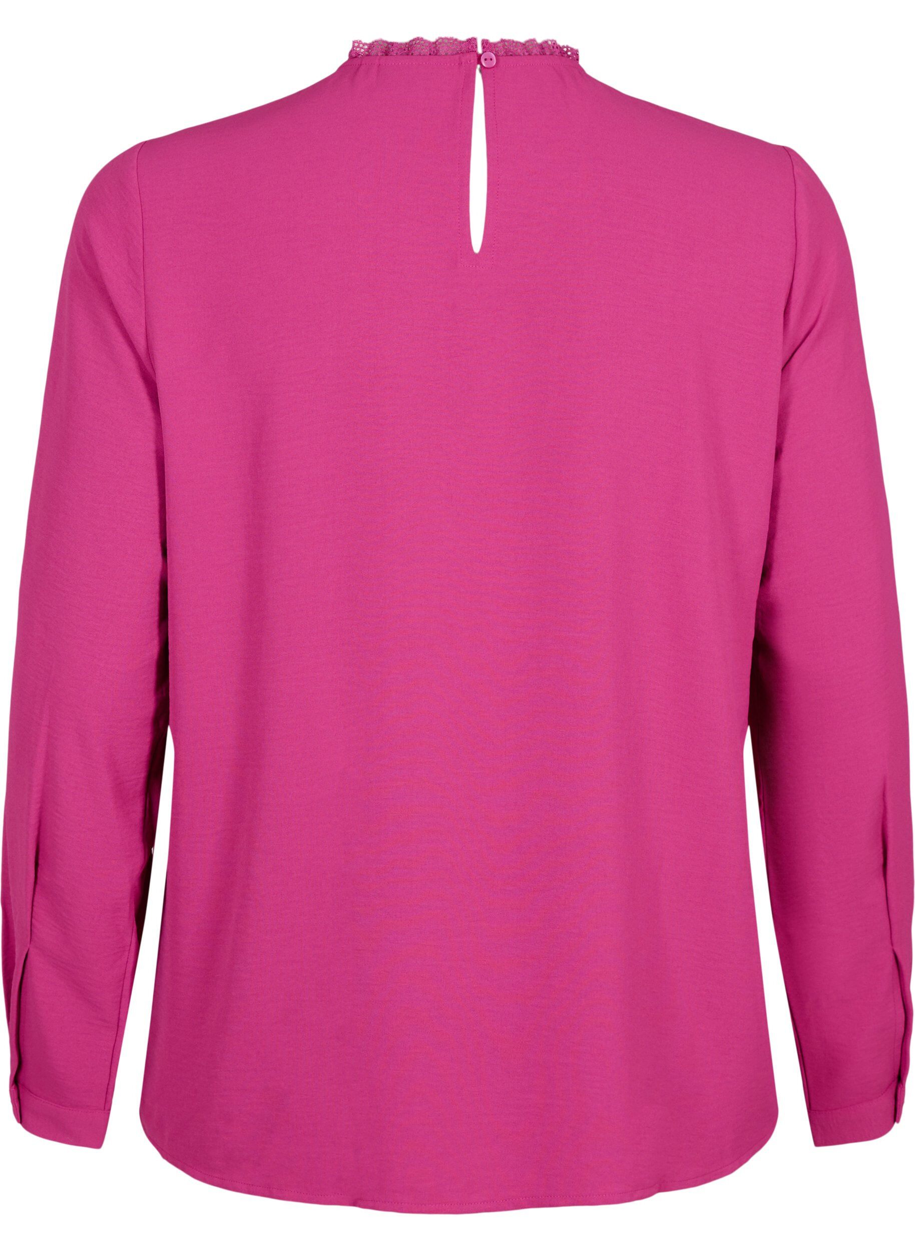 Zizzi Bluse med lange ermer og blondedetaljer, Festival Fuchsia, Packshot image number 1