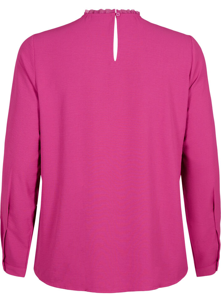 Bluse med lange ermer og blondedetaljer, Festival Fuchsia, Packshot image number 1