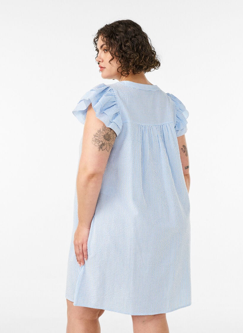 Stripete bomullskjole med volanger og A-linje fit, Bl&aring;, Model image number 2