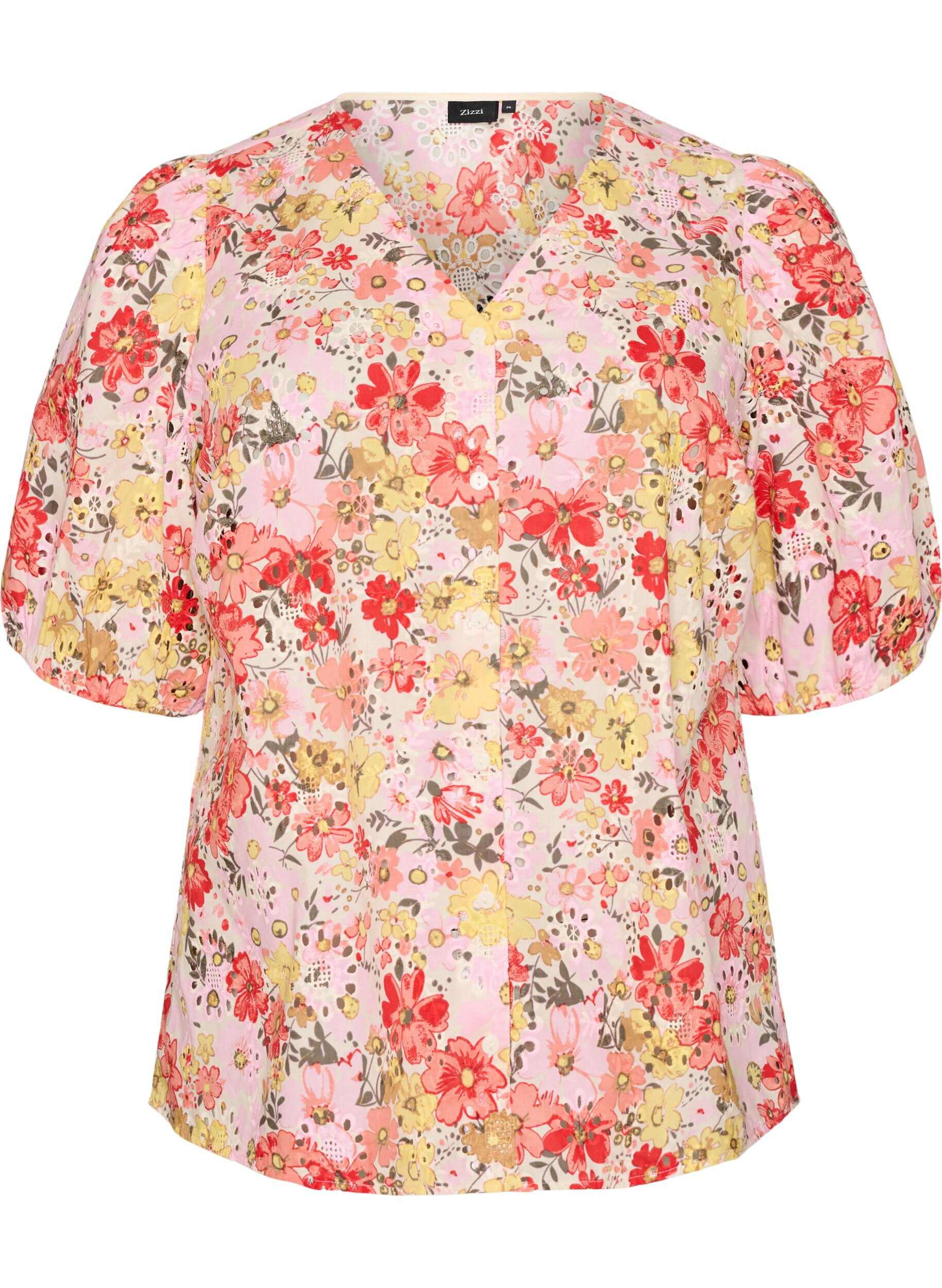 Bluse med blomsterm&oslash;nster, hullbroderi og V-hals