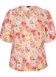 Bluse med blomsterm&oslash;nster, hullbroderi og V-hals, Rosa