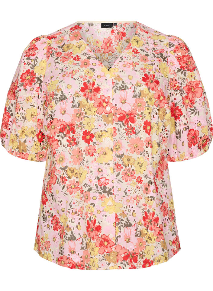 Bluse med blomsterm&oslash;nster, hullbroderi og V-hals, Rosa, Packshot image number 0