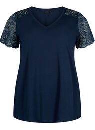 Bomull T-skjorte med korte blonderermer, Navy Blazer