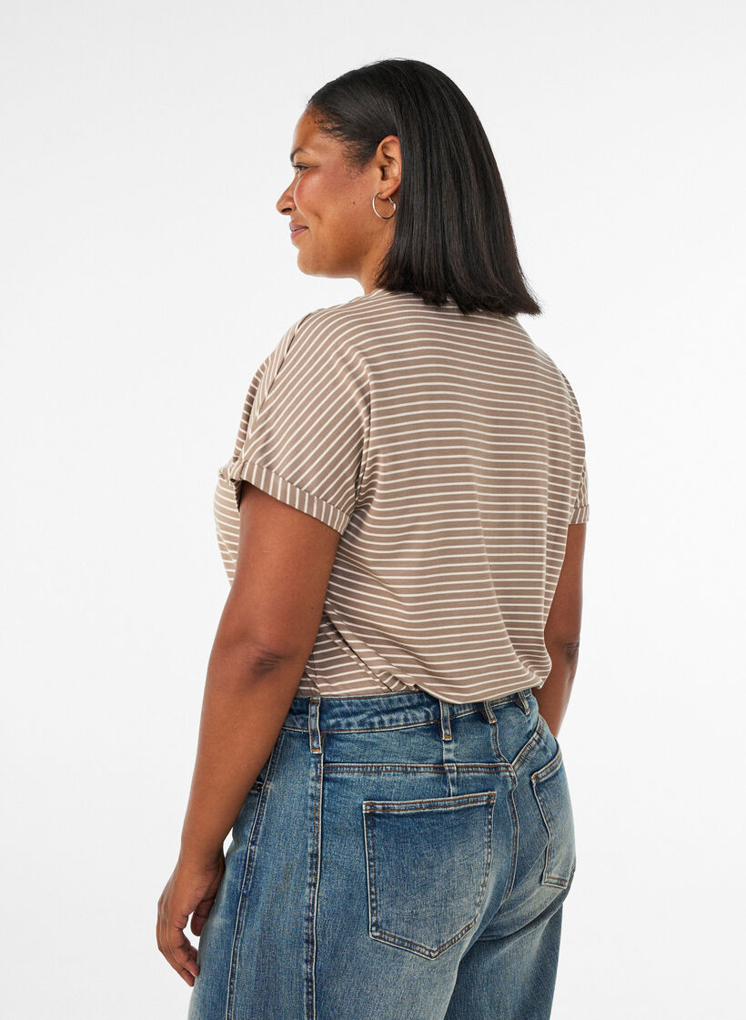 Stripete T-skjorte i viskose med rund hals, Beige, Model image number 2
