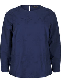 Langermet bluse med broderi, Blå Langermet bluse med broderi