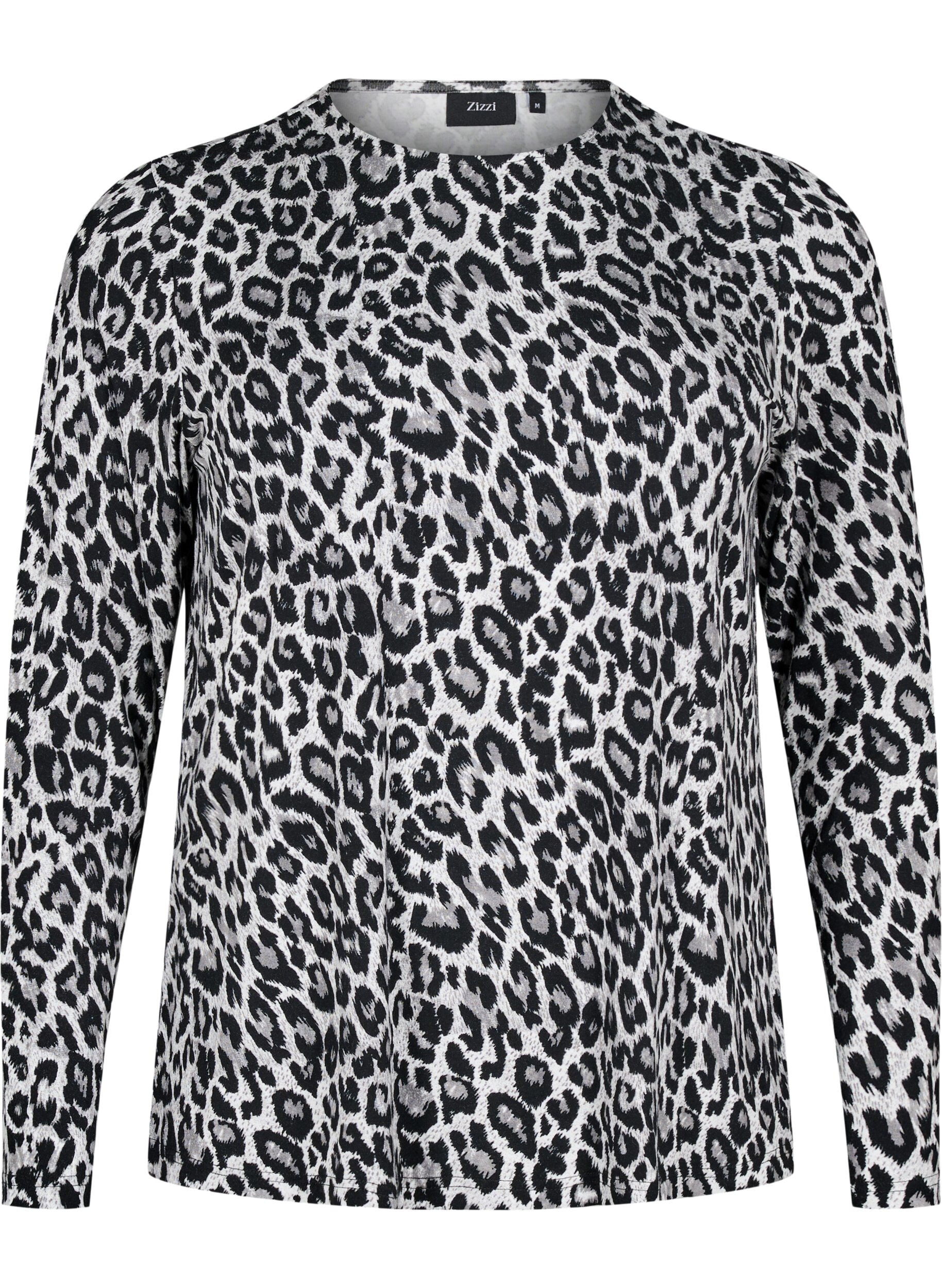 Zizzi Langermet bluse med leopardm&oslash;nster, Gr&aring;, Packshot image number 0