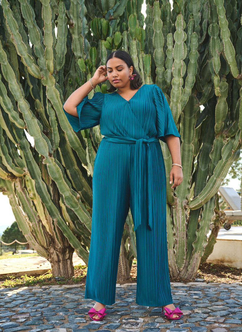 Plissert jumpsuit med knytebelte og vide ermer, Atlantic Deep, Image