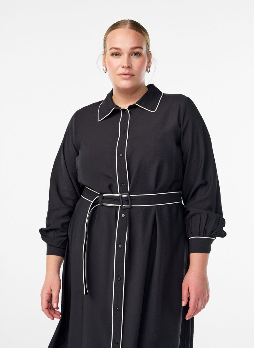 Midiskjortekjole med kontrastkanter, Svart, Model image number 2