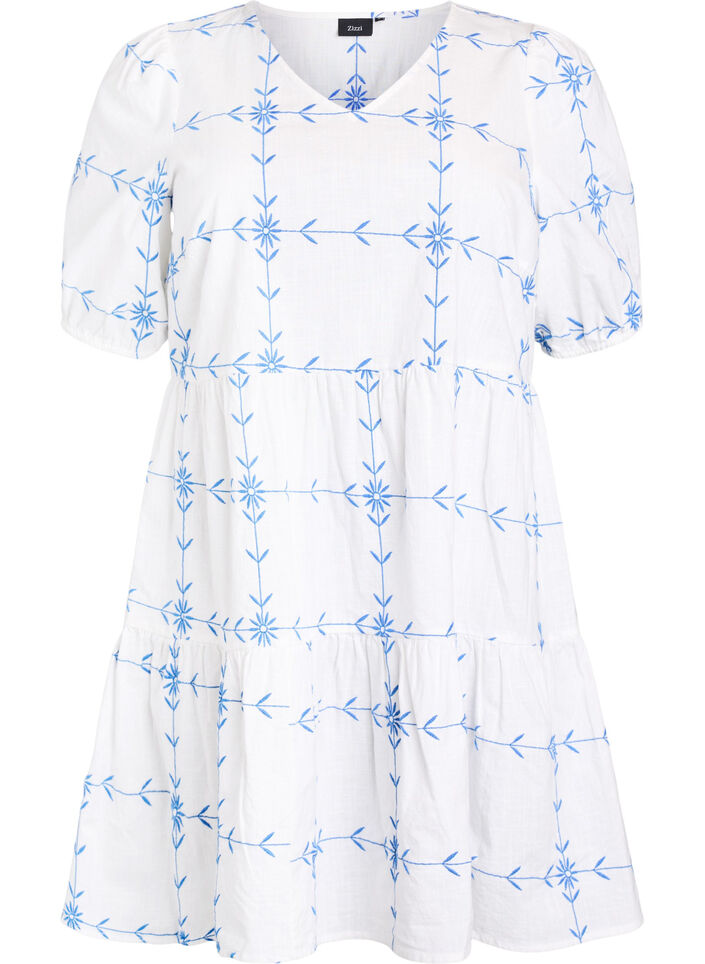 Kort kjole med V-hals og broderi, Hvit, Packshot image number 0