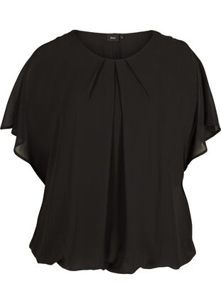 Kort bluse med løse mesh ermer, Black, Packshot image number 0