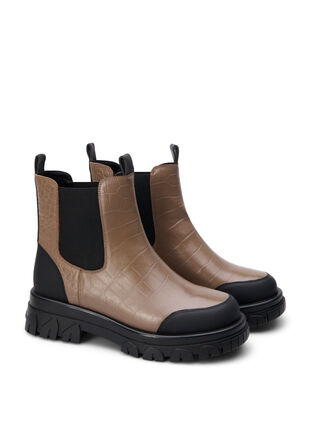 Zizzi Wide fit - Croco Chelsea-støvel i skinn, Pine Bark, Packshot image number 1