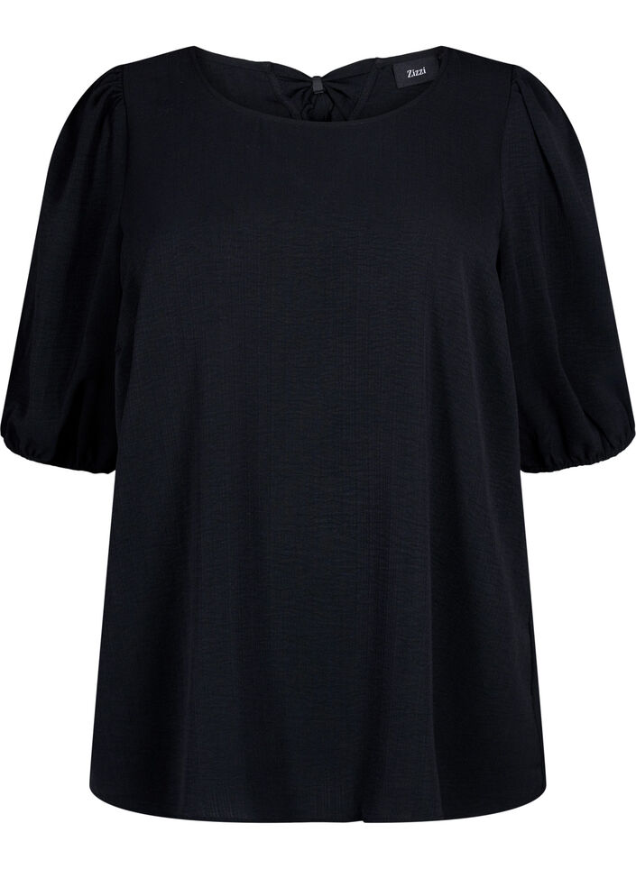 Kortermet bluse med sløyfe bak på ryggen, Black, Packshot image number 0