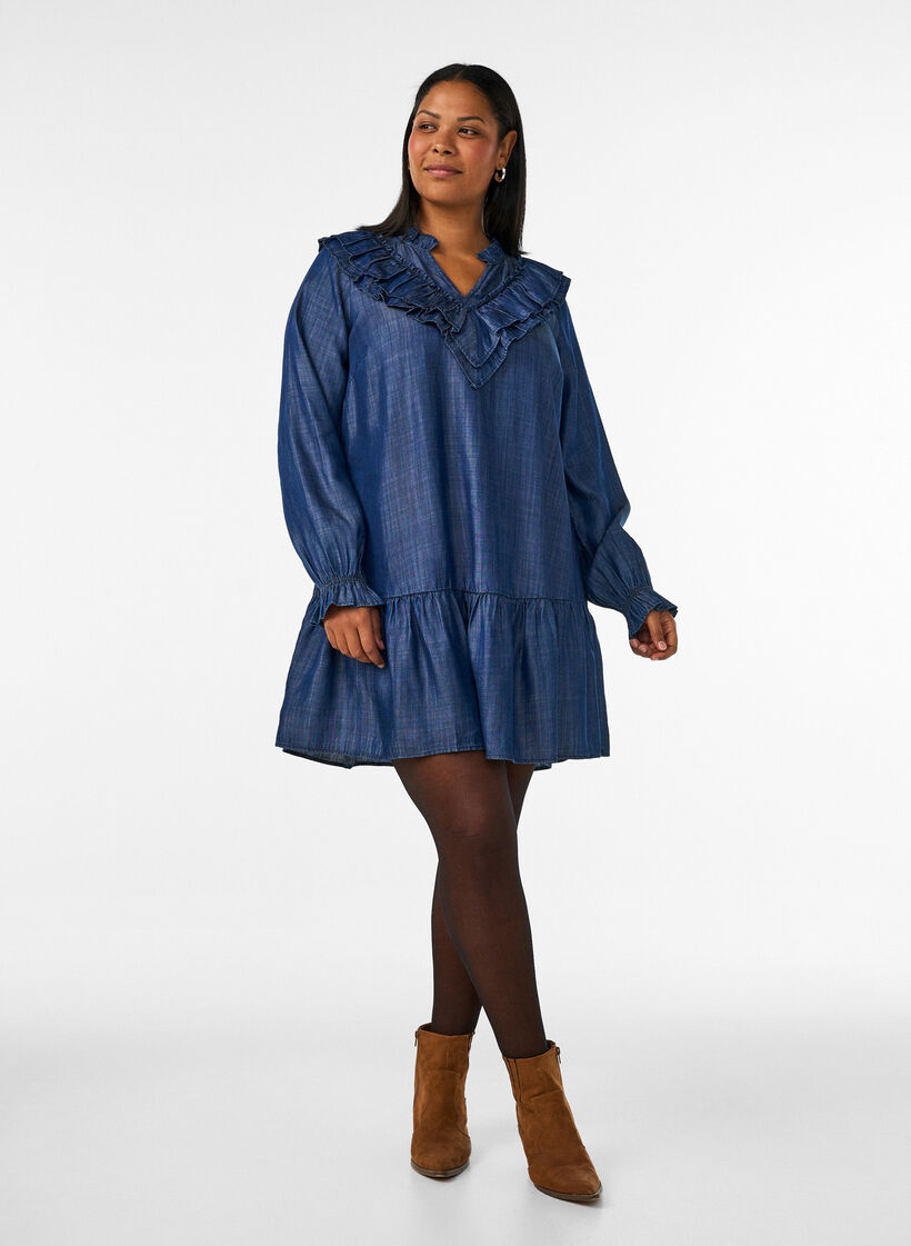 Kort kjole i denimlook med volanger, Bl&aring;, Model image number 1