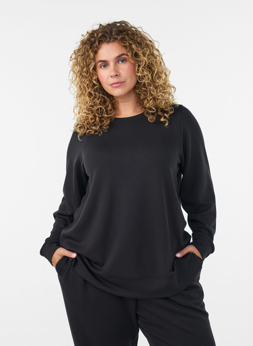 Langermet jersebluse med rund hals, Svart, Model image number 0