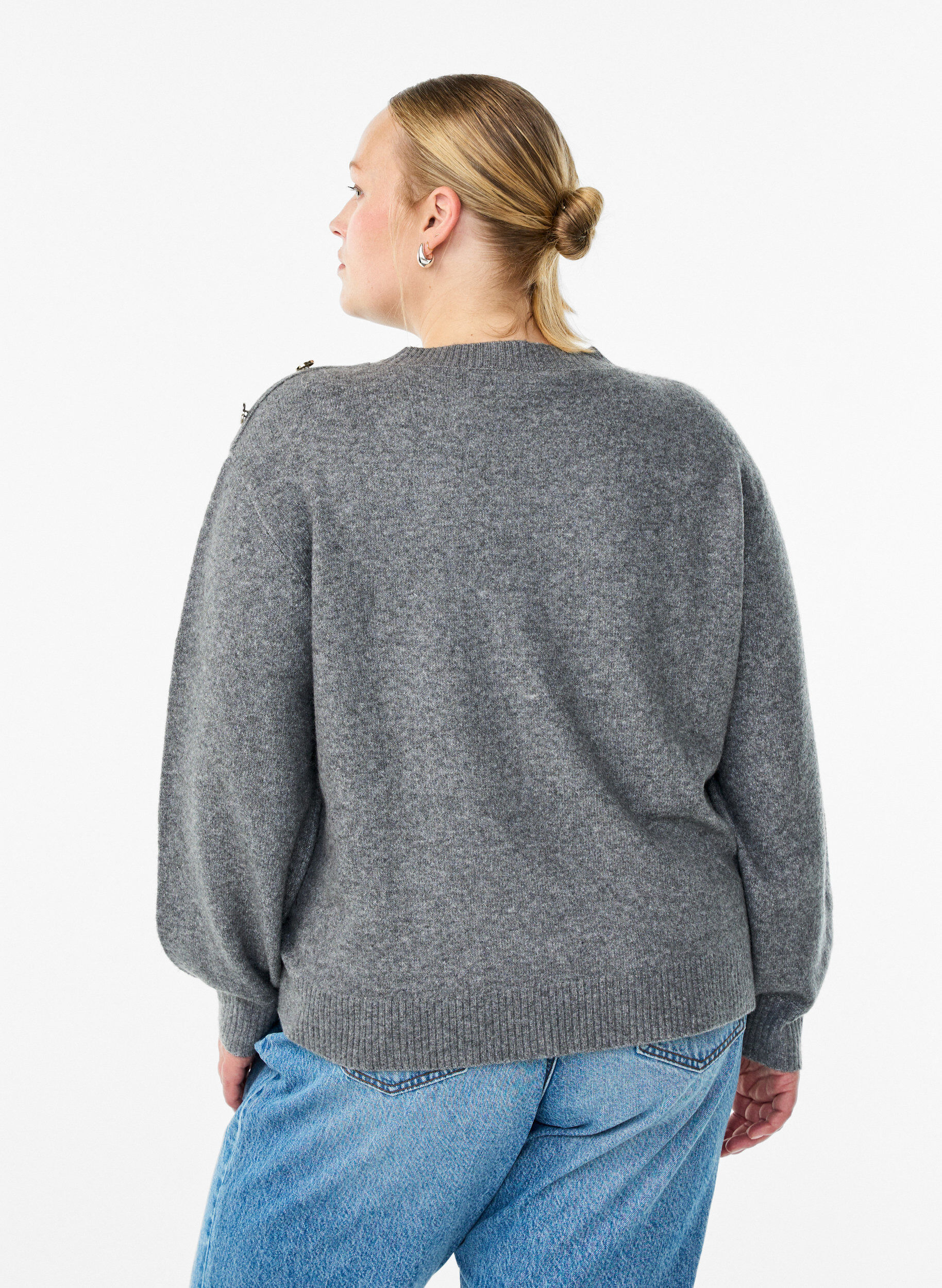 ZizziStrikket bluse med knappdetalj, Gr&aring;, Model image number 2