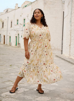 Zizzi Blomstret midikjole med A-form, Beige, Image image number 0