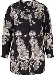 Lang blomstrete skjorte i viskose, Black White AOP