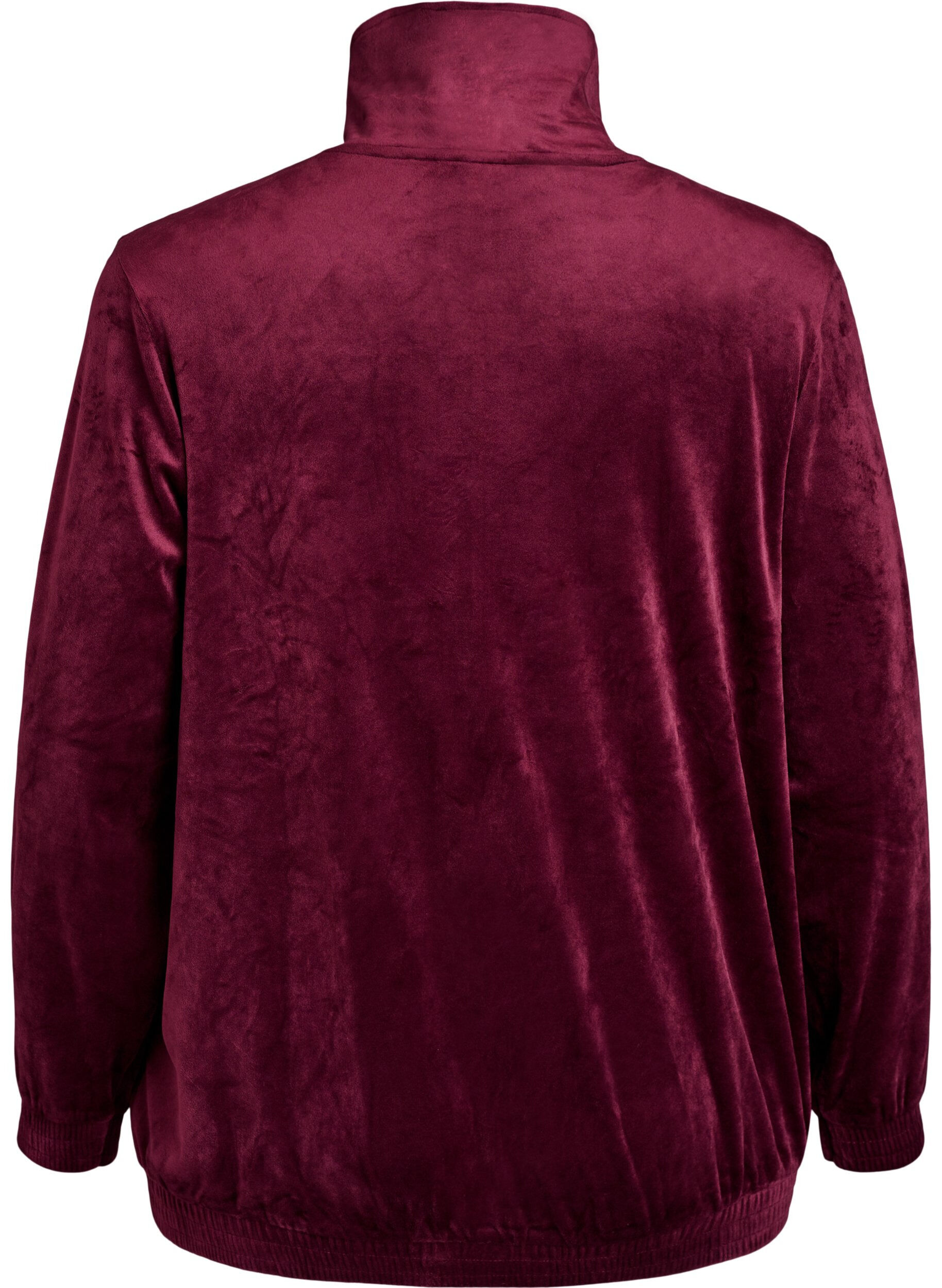 Zizzi Velour-cardigan med glidel&aring;s og h&oslash;y krage, M&oslash;rk Bordeaux, Packshot image number 1