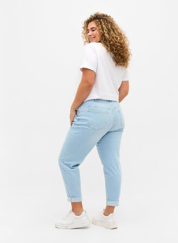 Cropped Mille jeans med mom fit og broderi, Light blue denim, Model image number 1