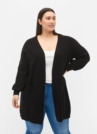 Lang strikket cardigan med ballongermer, Black, Model image number 0