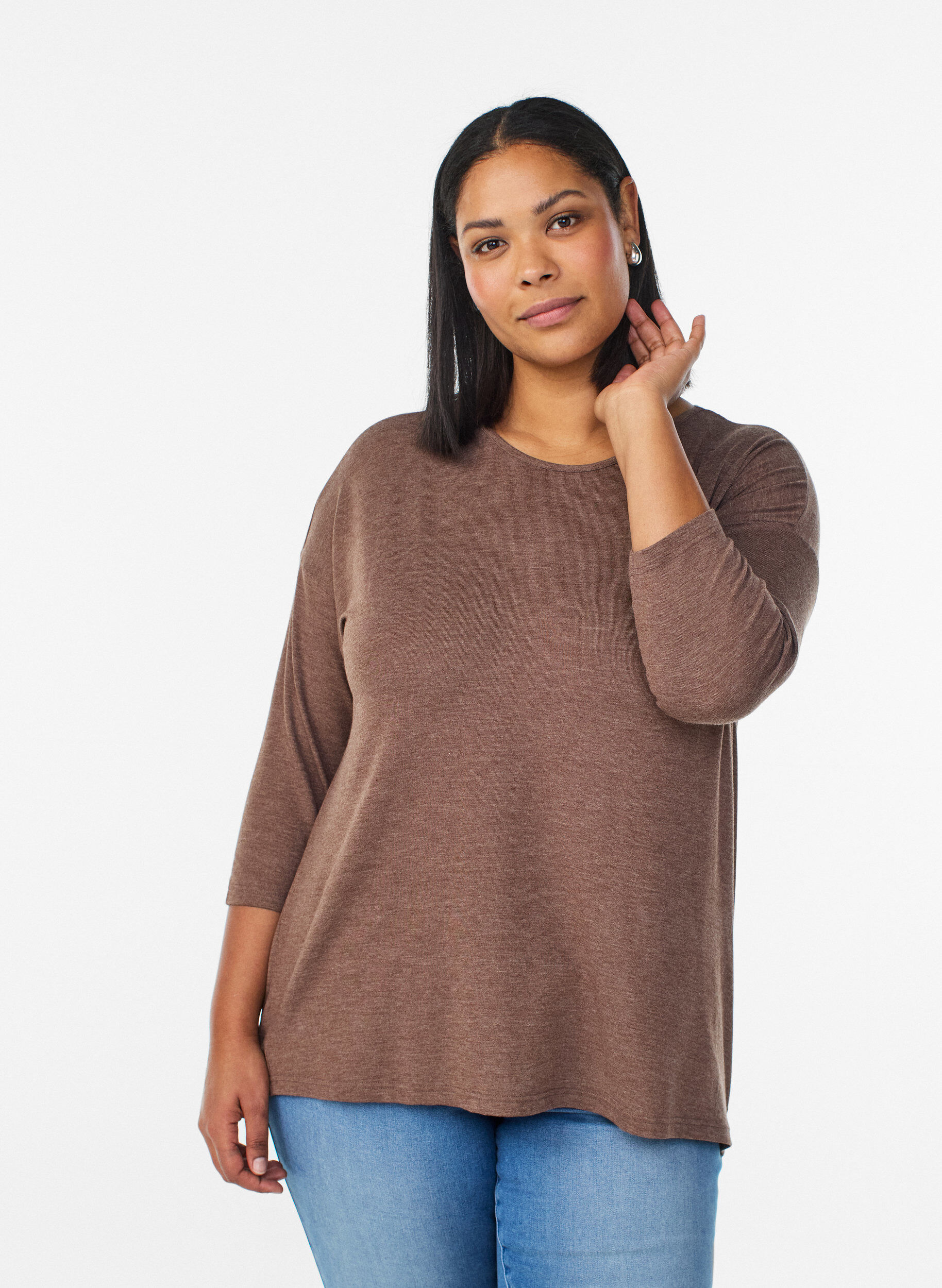 Zizzi Jersey bluse med 3/4 ermer, Brun, Model image number 0