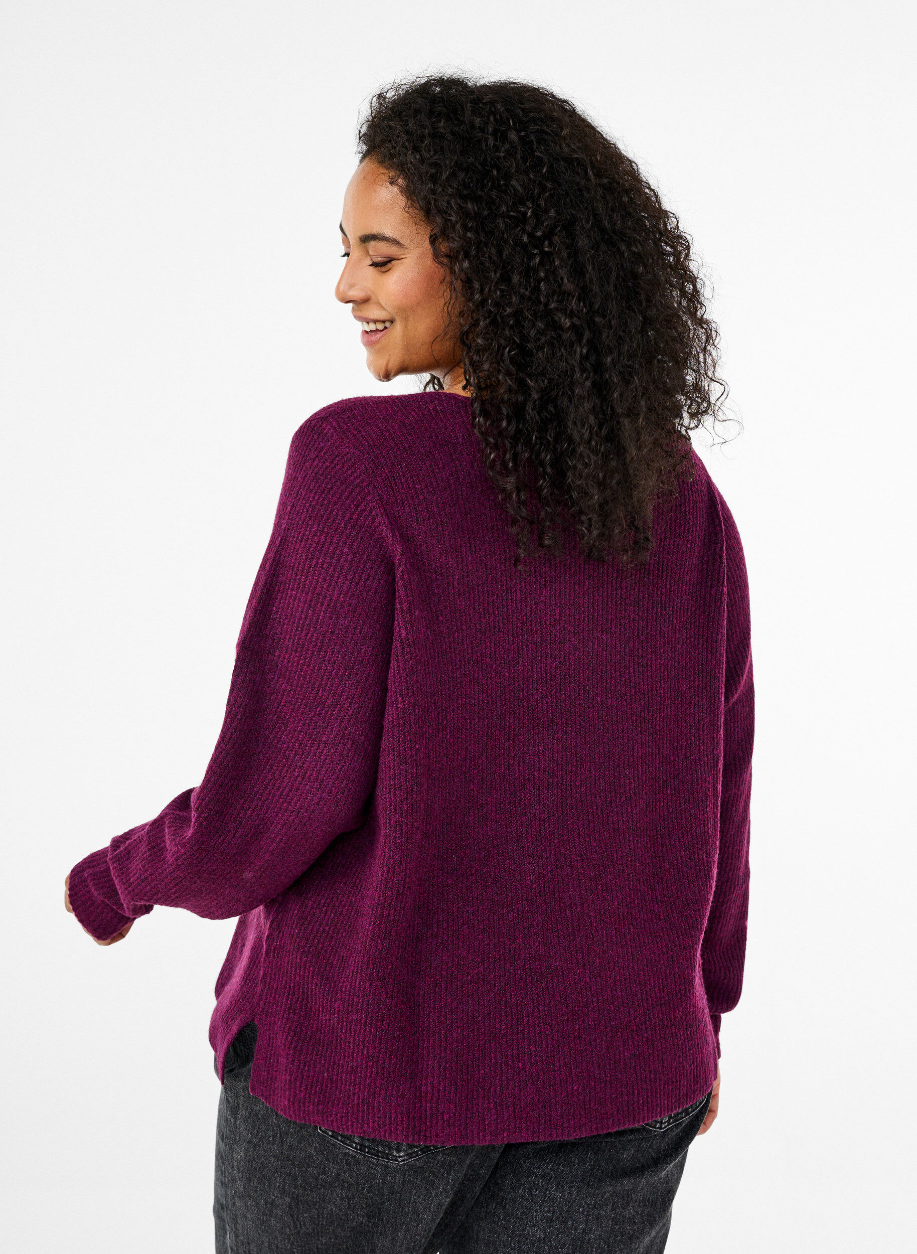 Zizzi Strikket bluse med v-hals og lange ermer, Potent P. Black Mel., Model image number 1