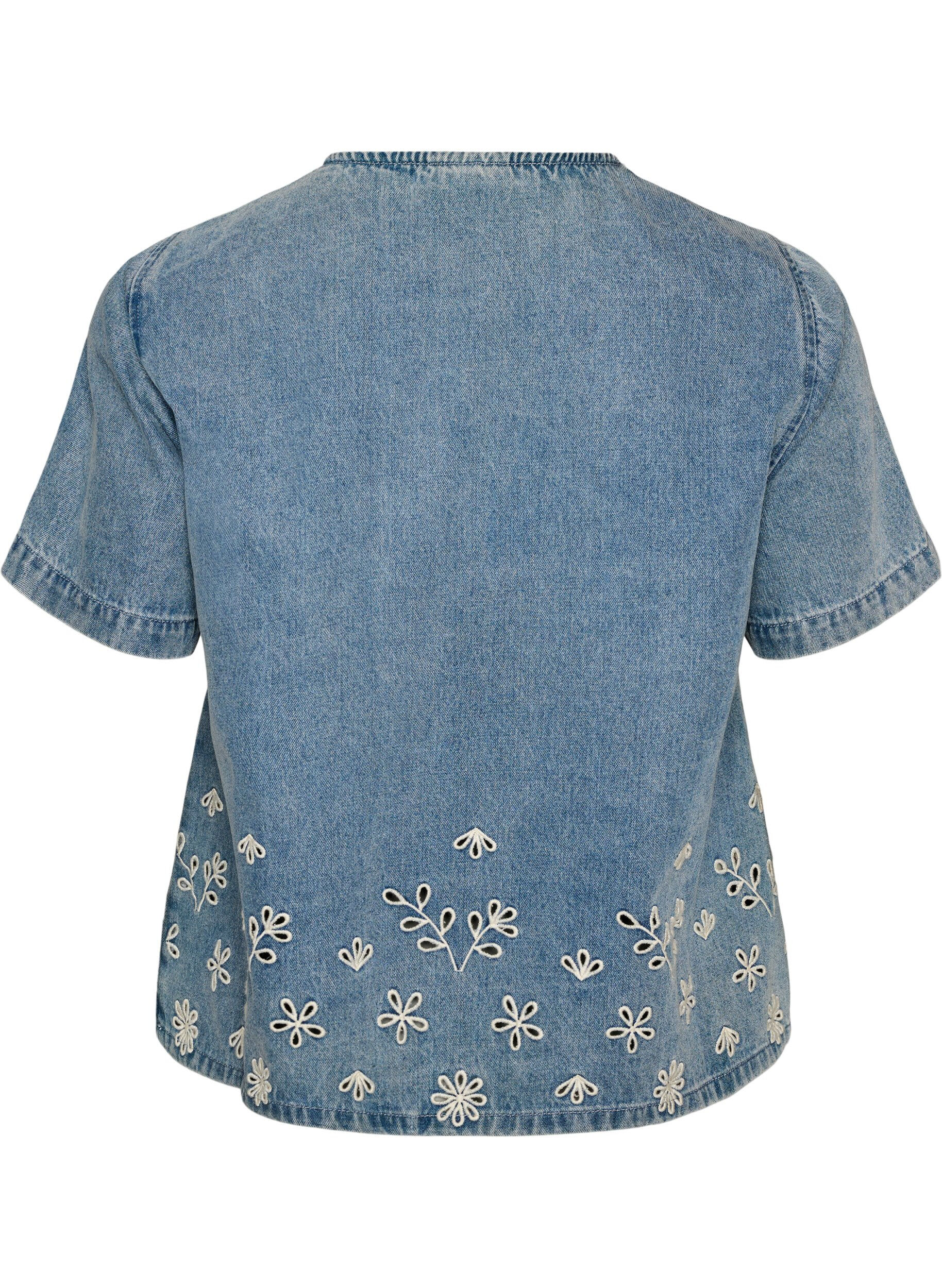 Zizzi Kortermet denimbluse med broderie anglaise, Bl&aring;, Packshot image number 1