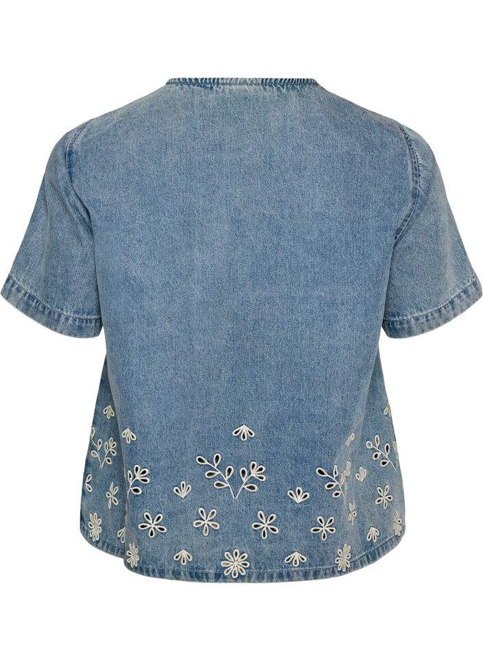Kortermet denimbluse med broderie anglaise, Bl&aring;, Packshot image number 1