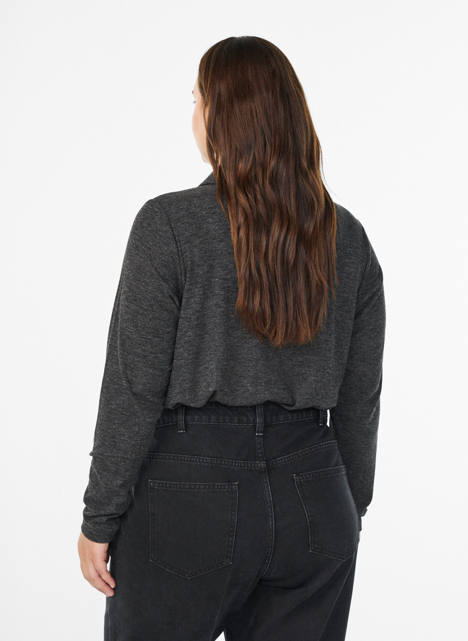 Zizzi Langermet poloskjorte i elastisk, ribbet kvalitet, Gr&aring;, Model image number 2