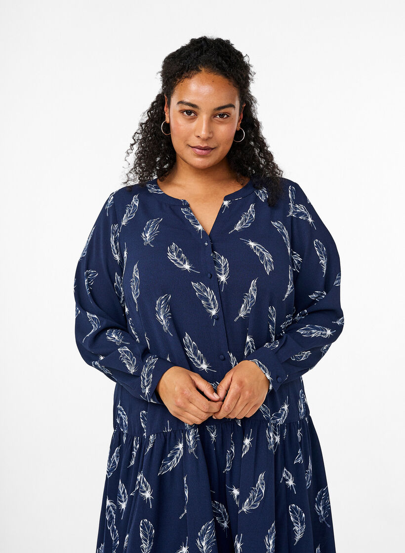 Midi-kjole med lange ermer, Navy B. Feather AOP, Model image number 2