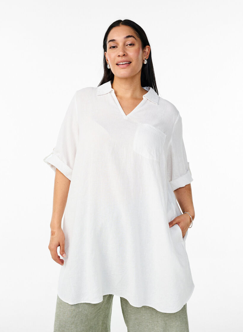 Tunika i lin og viskose med A-form, Bright White, Model