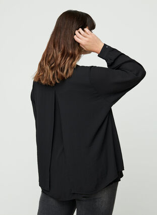 Langermet bluse med v-hals, Black, Model image number 1