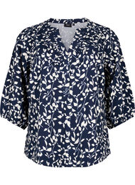 Bomullsbluse med trykk og trekvartlange ermer, Navy Blazer Leaf