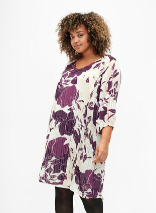 Trykt kjole med v-utringning og 3/4-ermer, D.Purple Graphic AOP, Model image number 0