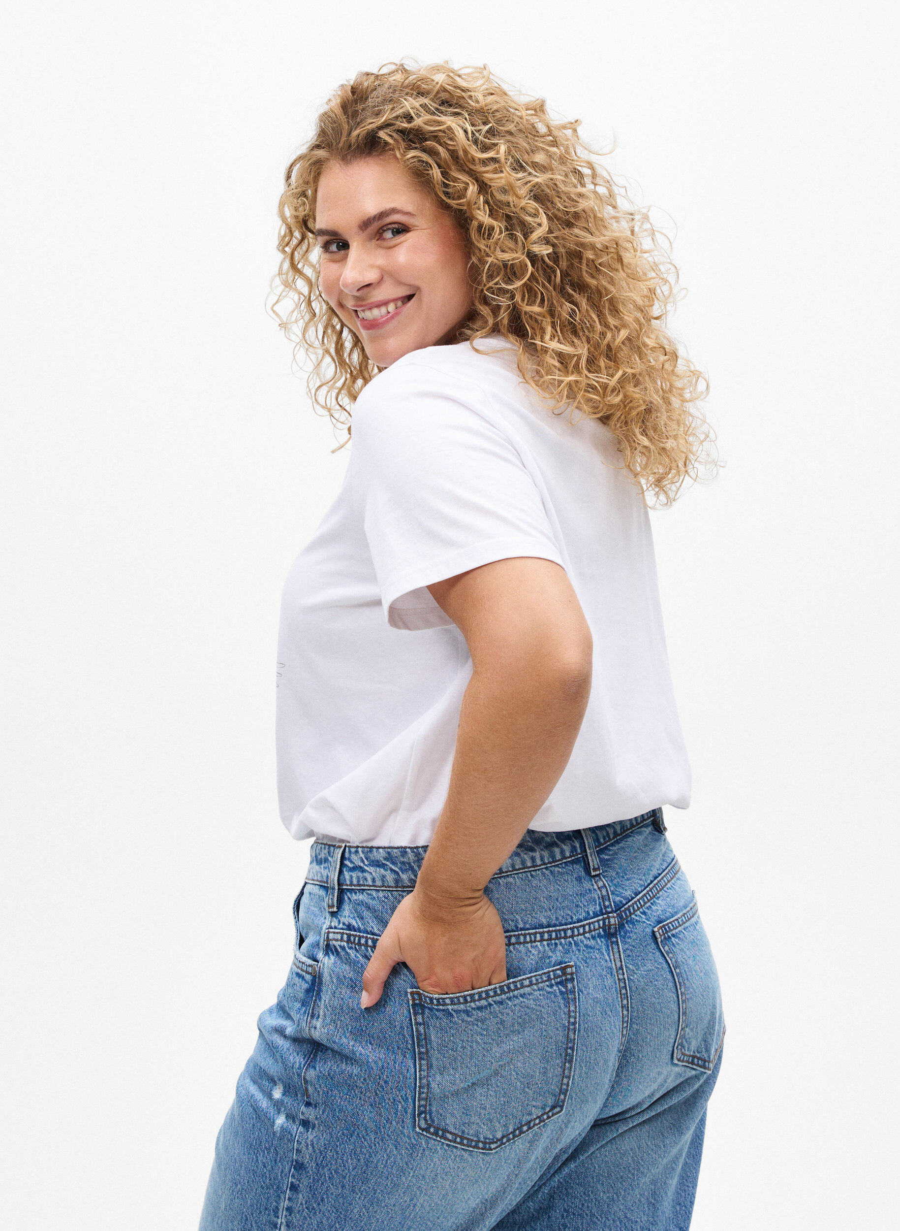 Zizzi Bomulls-T-skjorte med fronttrykk, Hvit, Model image number 2