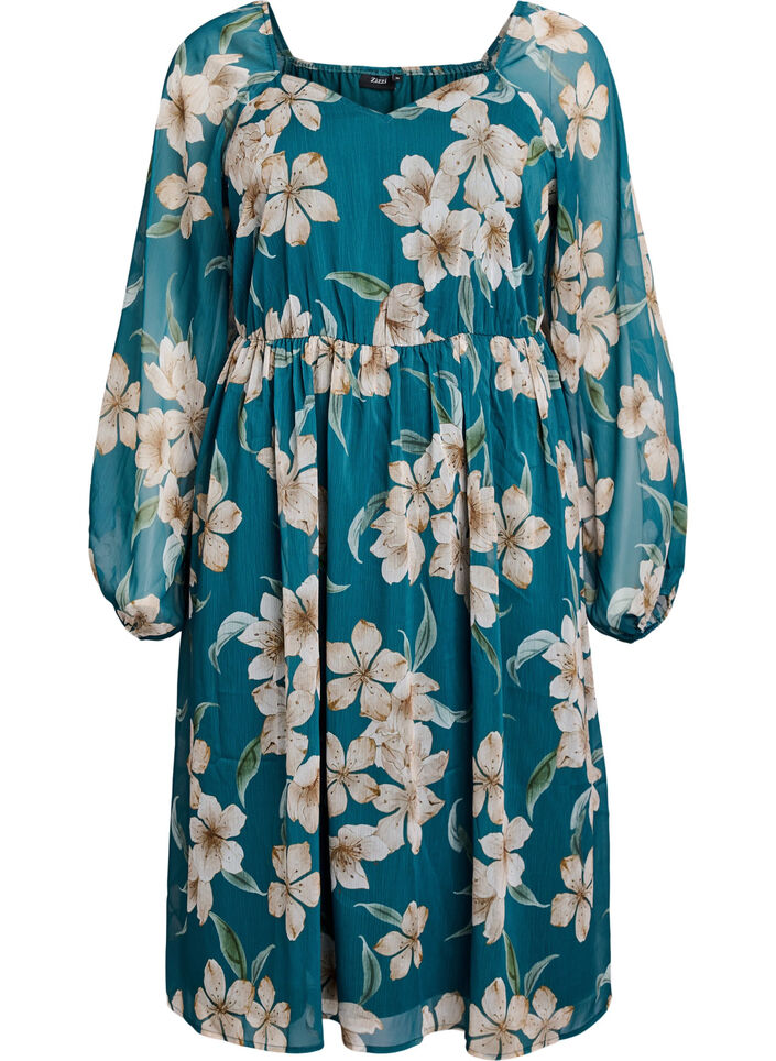 Chiffon festkjole med lange ermer, Gr&oslash;nn, Packshot image number 0