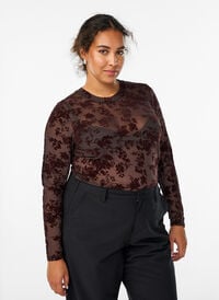 Bluse i mesh med blomster-mønster, Brun Bluse i mesh med blomster-mønster, Brun, Model