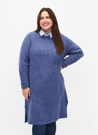 Ribbestrikket kjole med splitt, Gray Blue Mel., Model