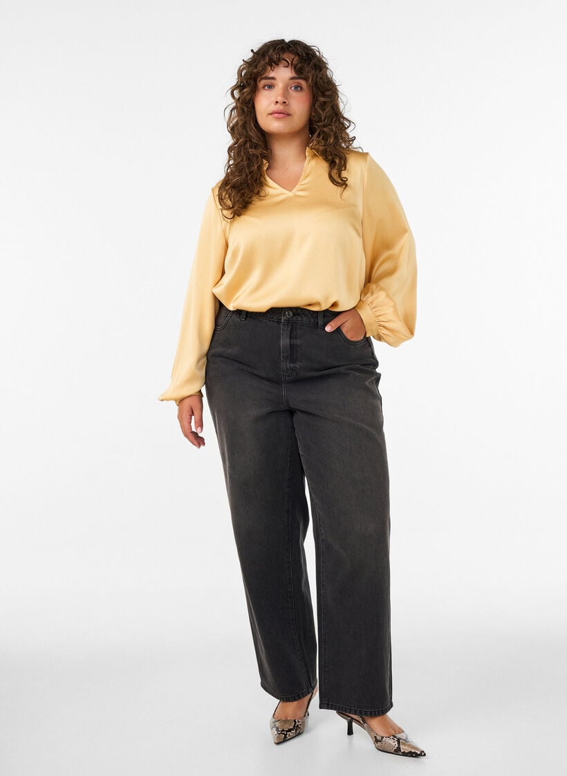 Bluse med skjortekrage og V-hals, Gul, Model image number 1