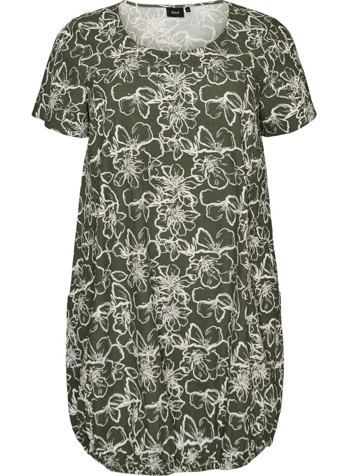 Kortermet bomullskjole med trykk, Gr&oslash;nn, Packshot image number 0