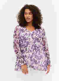 Blomstrete bluse med lange ermer og V-hals, Beige/Purple Flower, Model