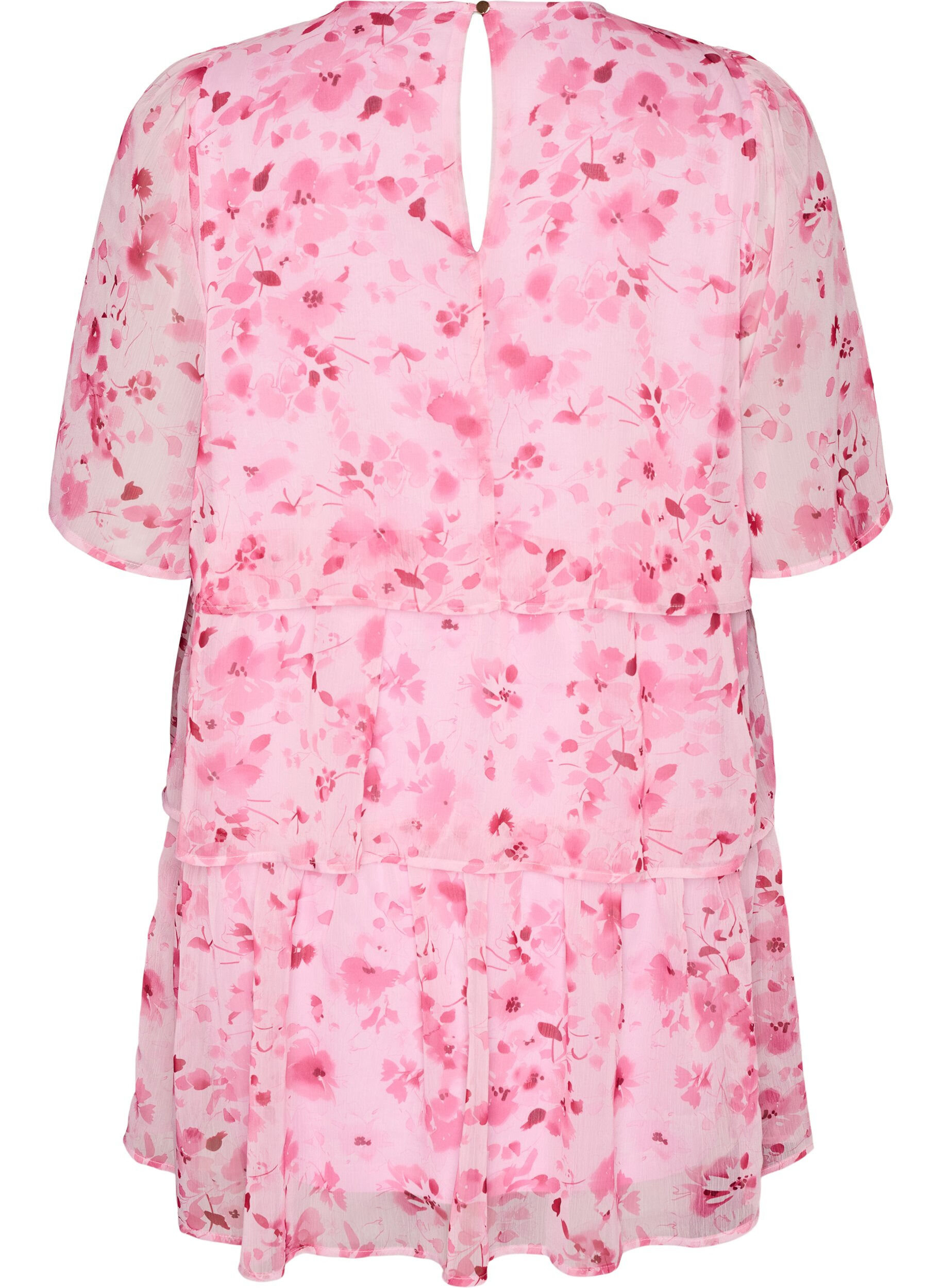 ZizziKort kjole i chiffonlook med blomsterprint og volanger, Rosa, Packshot image number 1