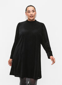 Strukturmønstret kjole i velur, Black, Model