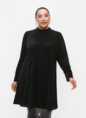 Strukturmønstret kjole i velur, Black, Model image number 0