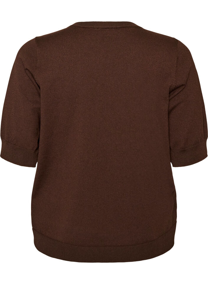 Finstrikket bluse med korte ermer, Brun, Packshot image number 1